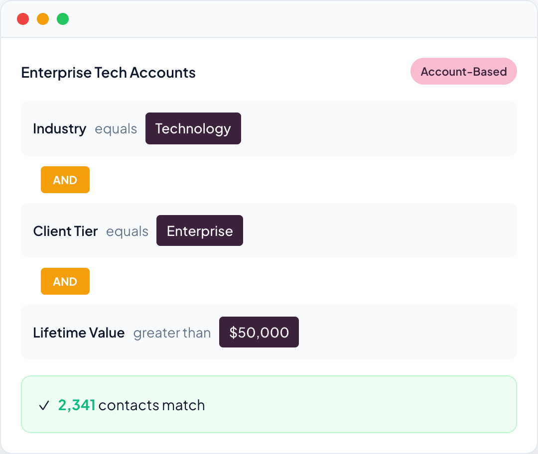 Visual segment builder with AND/OR filter logic
